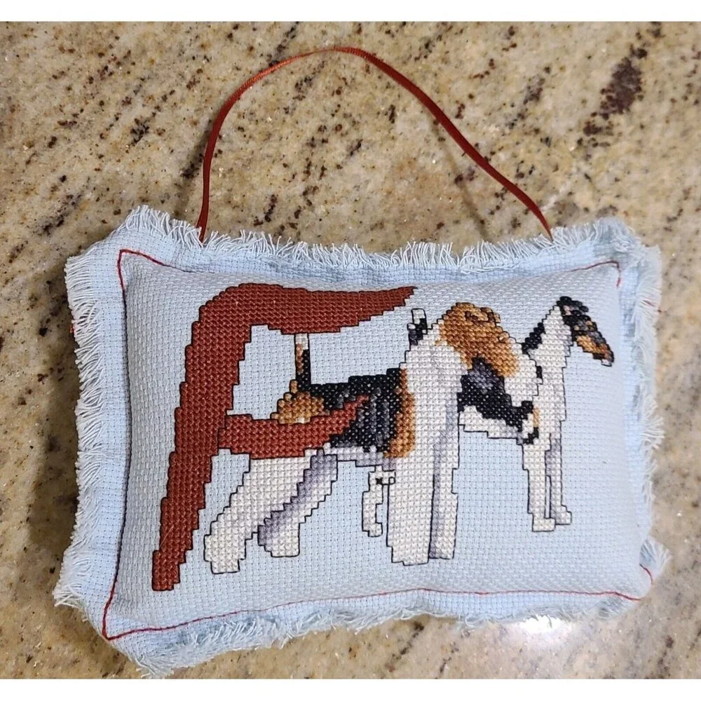 Fox Terrier Needlepoint Cross Stitch Mini Pillow Door Knob Hanger  Blue Fur Baby